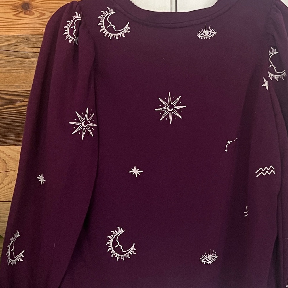 LOFT Embroidered Celestial Deep Purple Puff Sleeve Long Sleeve Top Medium - Picture 4 of 4